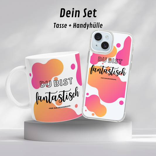 Set - Motivationstasse und Handyhülle mit Wasserflecken-Motiv