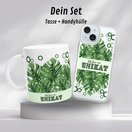 Set - Motivationstasse und Handyhülle mit Monstera-Motiv