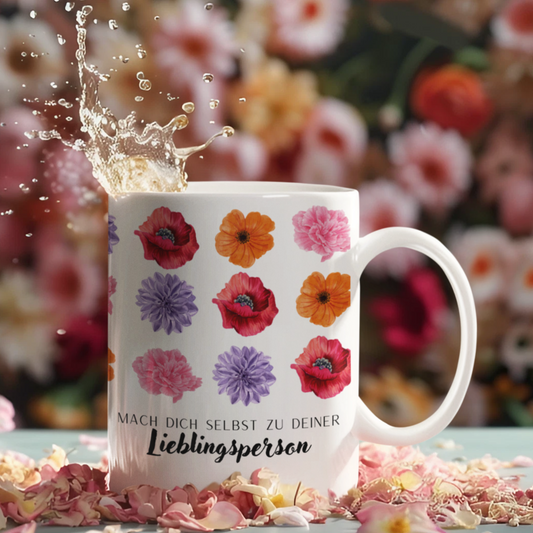 Motivationstasse, Tasse mit Spruch und Blumenmotiv, farbig